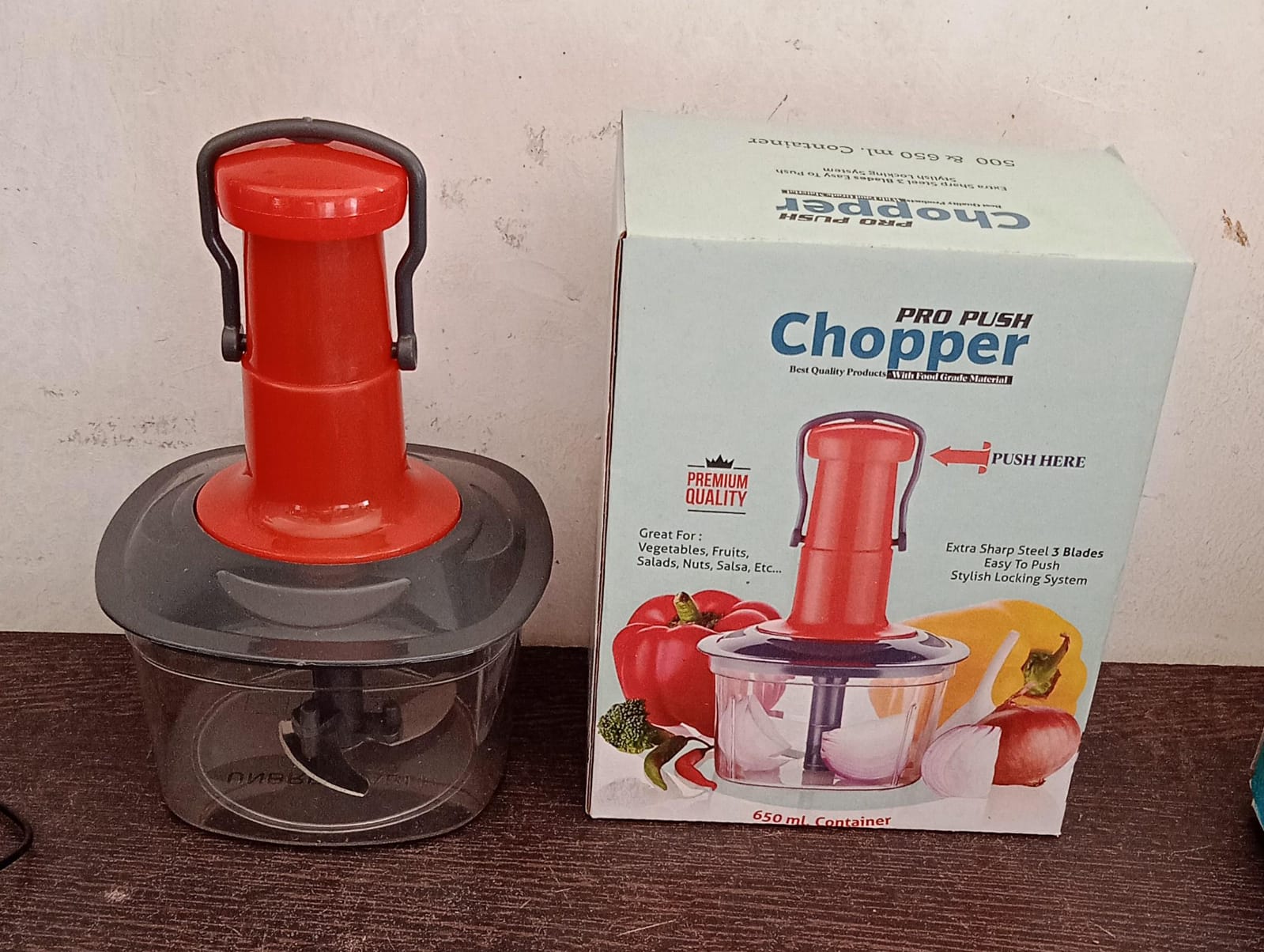 5790 Manual Press Fruit & Vegetable Chopper, with 3 Stainless Steel Blades, Anti-Slip Base, and Locking System, Cutting Chopper For Kitchen (650 ML) 5790 Manual Press Fruit & Vegetable Chopper, with 3 Stainless Steel Blades, Anti-Slip Base, and Locking System, Cutting Chopper For Kitchen (650 ML)